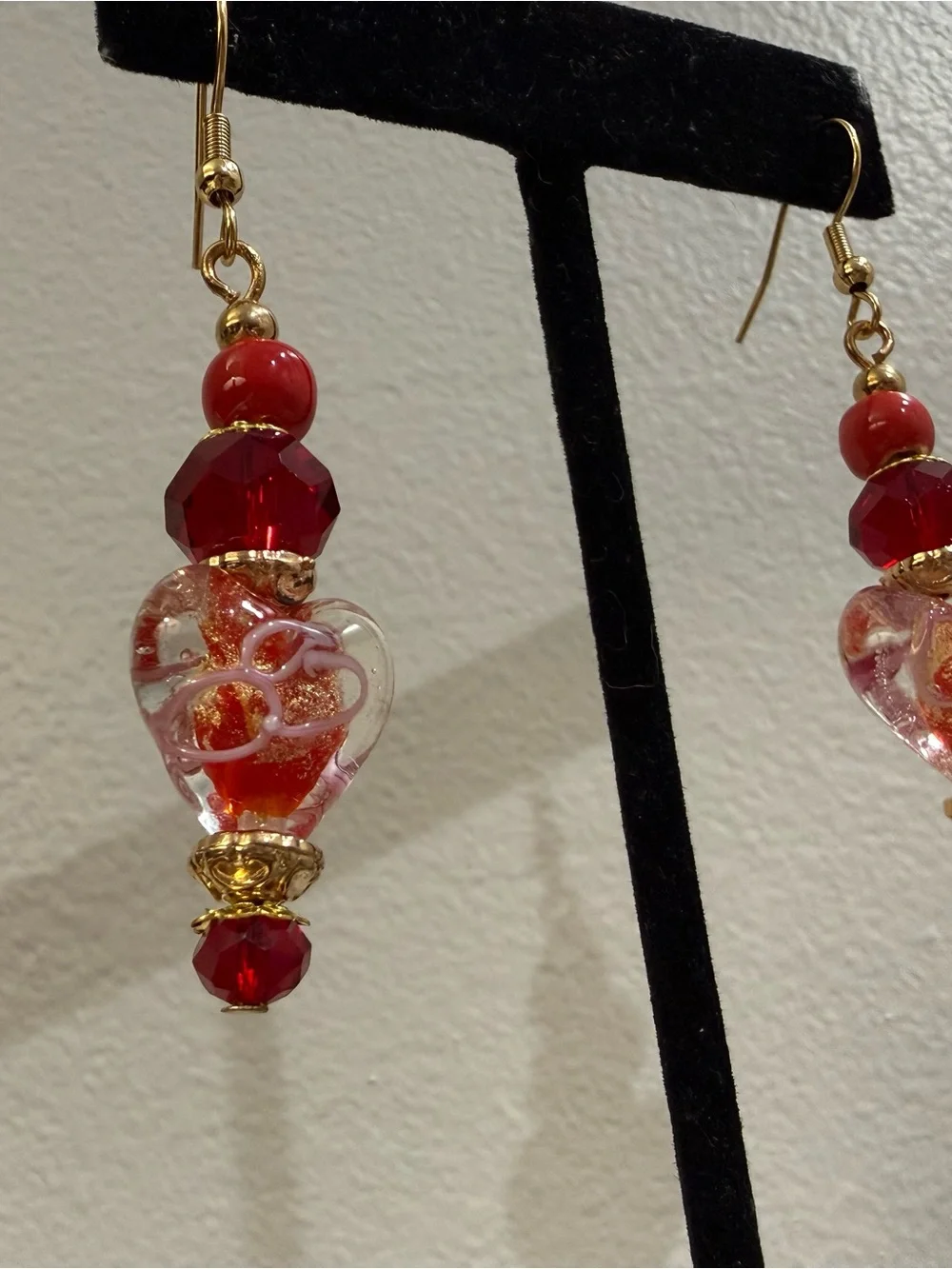 Red and Gold Heart Glass Drop Earrings
